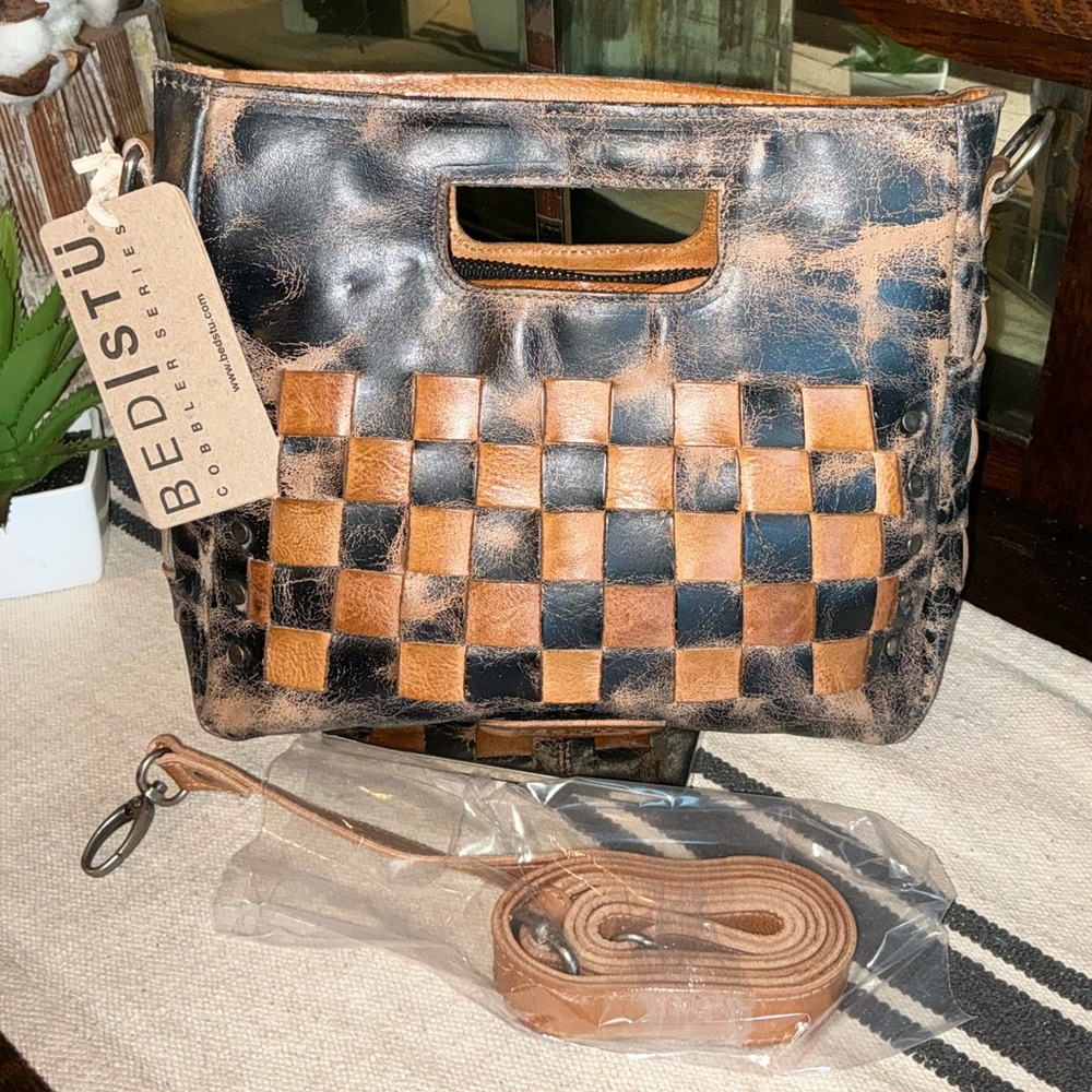 Bed Stu Two-Tone Woven Leather Crossbody - Black & Tan - Picture 2 of 14